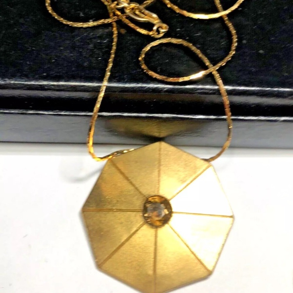 Rare Vintage Avon Umbrella Octagon Pendant Necklace Gold Tone Brown Rhinestone